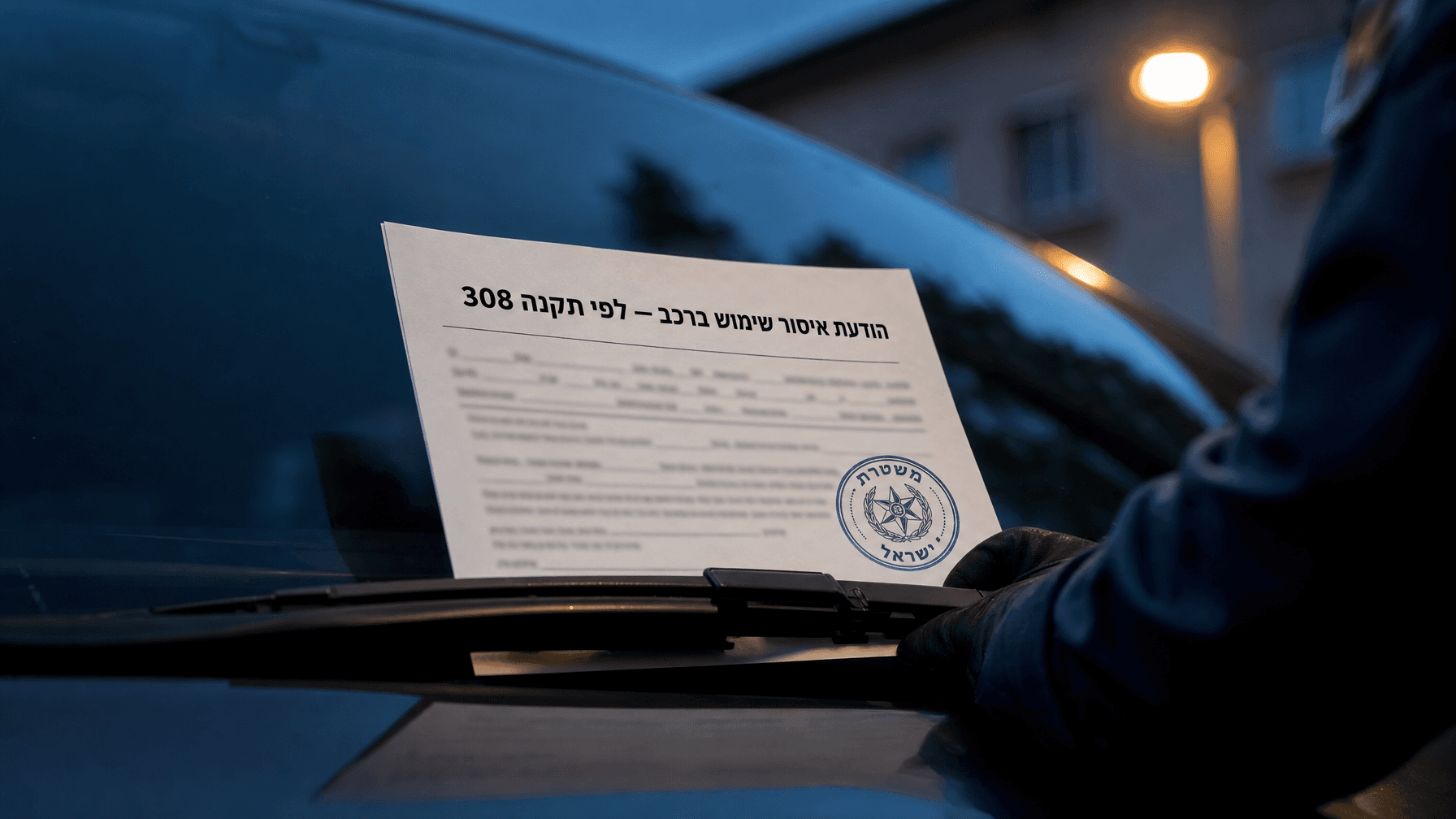 הודעת איסור שימוש ברכב לפי תקנה 308 מונחת תחת מגב השמשה הקדמית בלילה, יד במדים כחולים מציבה אותה במסגרת